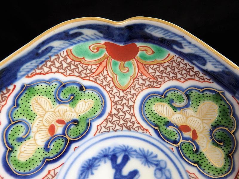 大聖寺伊万里　金襴手　毘沙門亀甲紋に松竹梅　四方角皿３枚　C775AS-fbbj