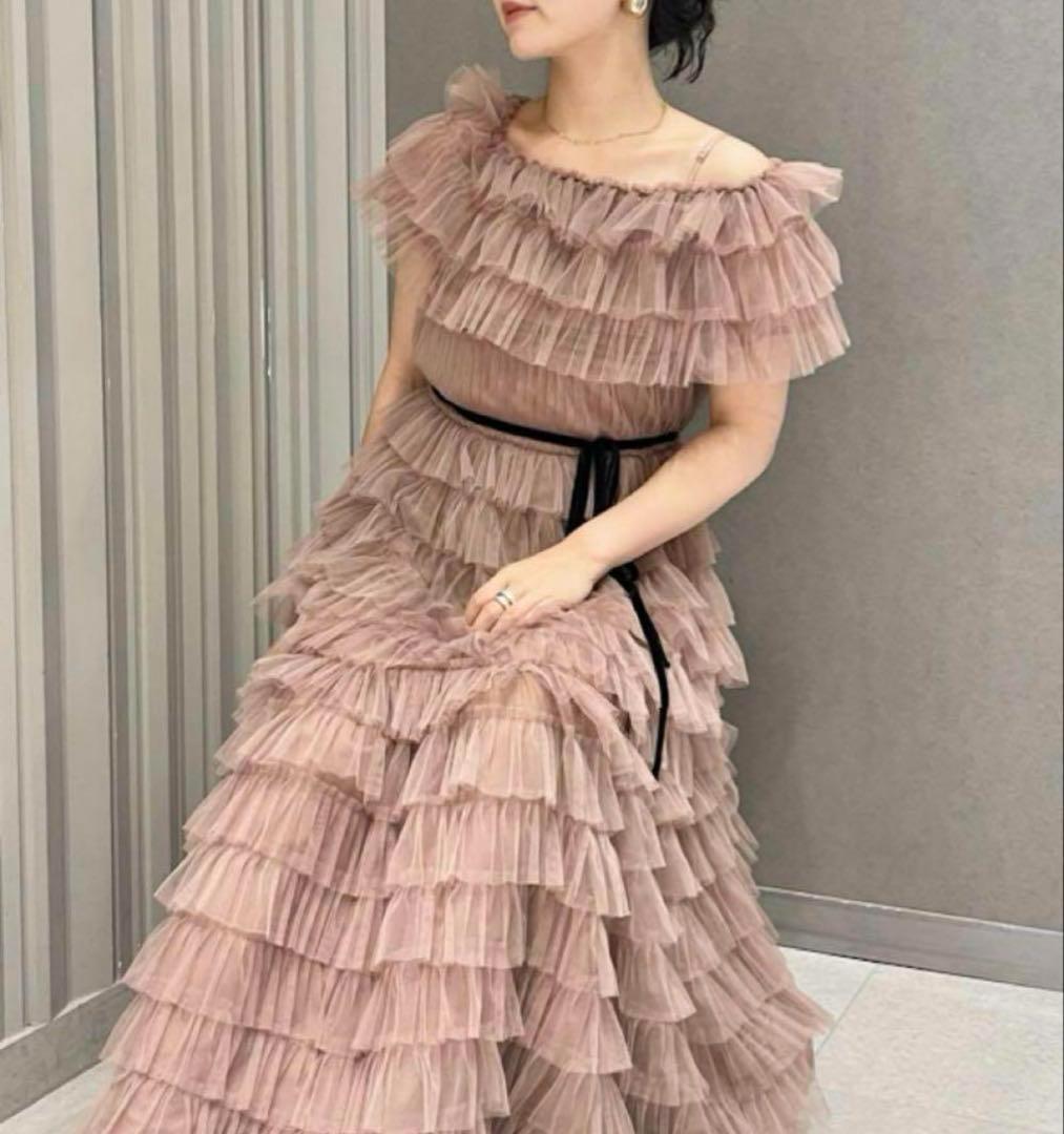 新品　FRAY I.D 2wayチュールフリルティアードドレス　ピンクベージュ