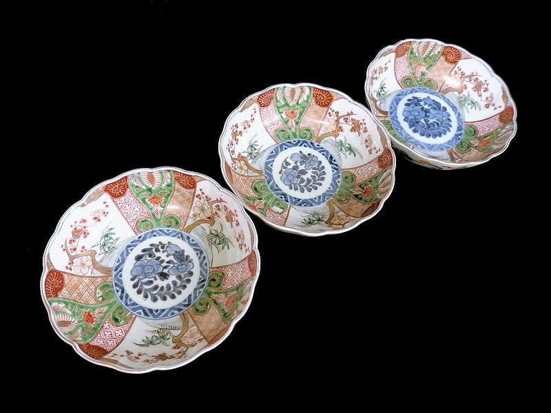 古伊万里　金襴手　牡丹に松竹梅の図　大振膾皿　３客　C784AS-CFz