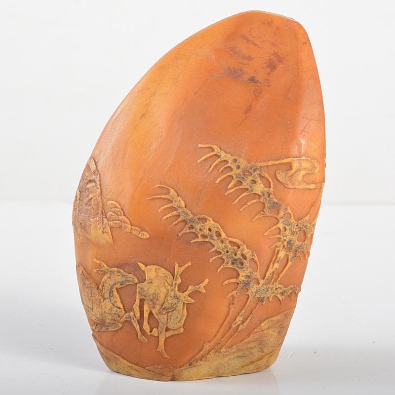 中国　玉石彫刻　山水鹿刻　置物　C　R5817