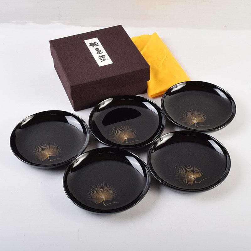 輪島塗　大向高洲堂　黒漆　飛松沈金　銘々皿　五客　共箱　N　8969