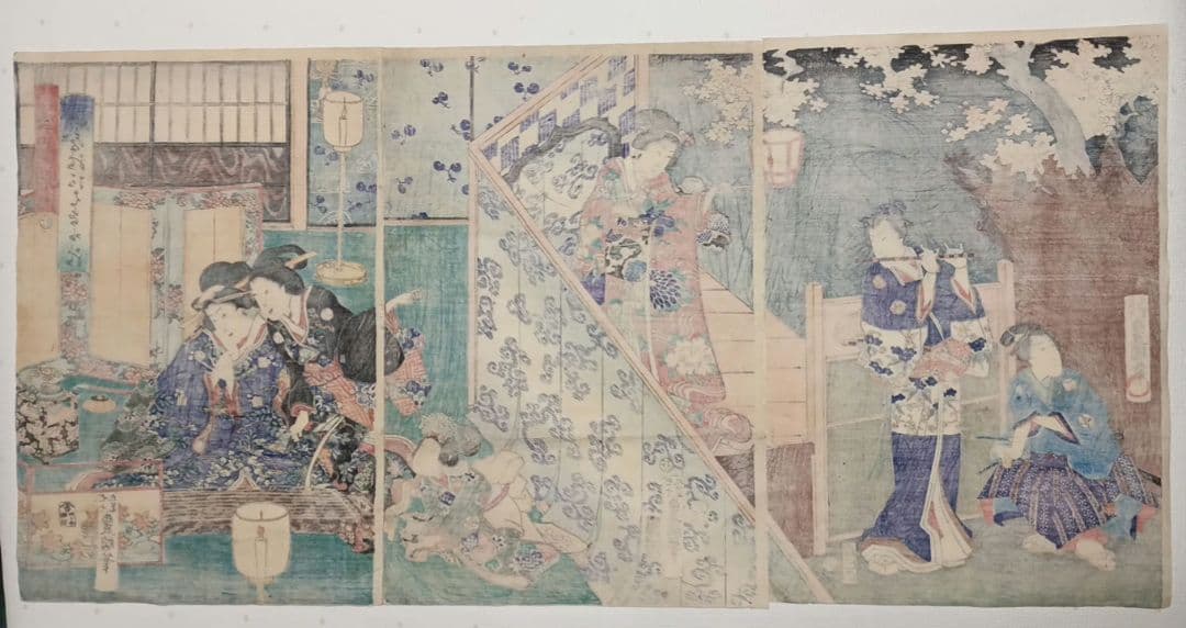 浮世絵版画、見立源氏琴碁書画之内遠音のあはせもの三枚綴り、三代豊国画元治元年出版