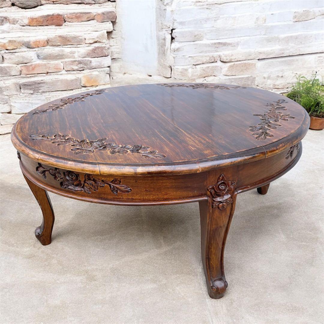 【美品送料込】アンティーク家具 手彫り彫刻 円形テーブル 猫脚