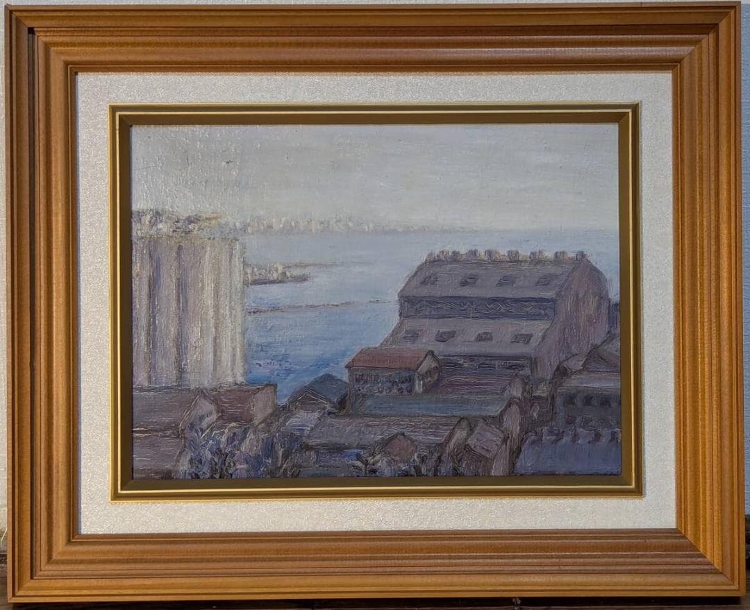 【真作】絵画　油彩4号　湾岸に佇む倉庫群　静謐な海辺の風景画　X144