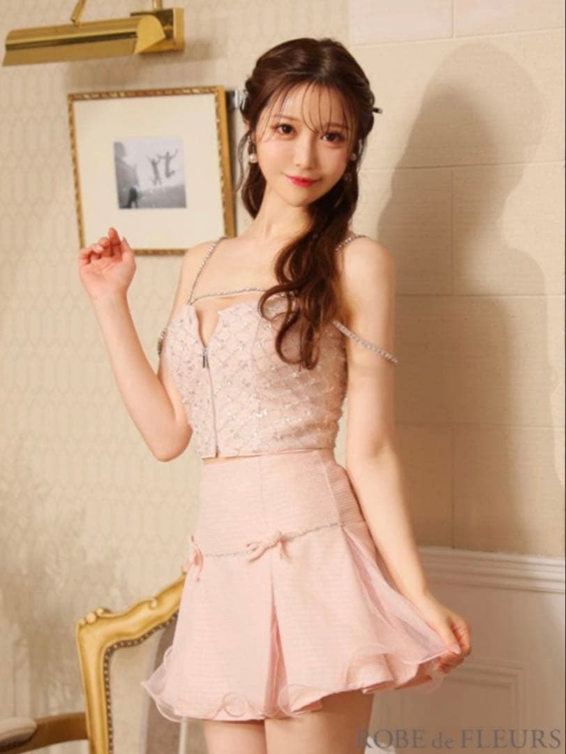 ROBE de FLEURS fm3563 ラメツイード×リボンチュールドレス