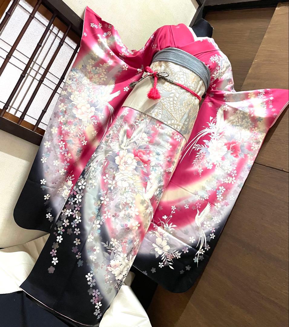 振袖 フルセット6点サイズM〜Ｌ熨斗吉祥花鳥蝶文　正絹売り切り終了