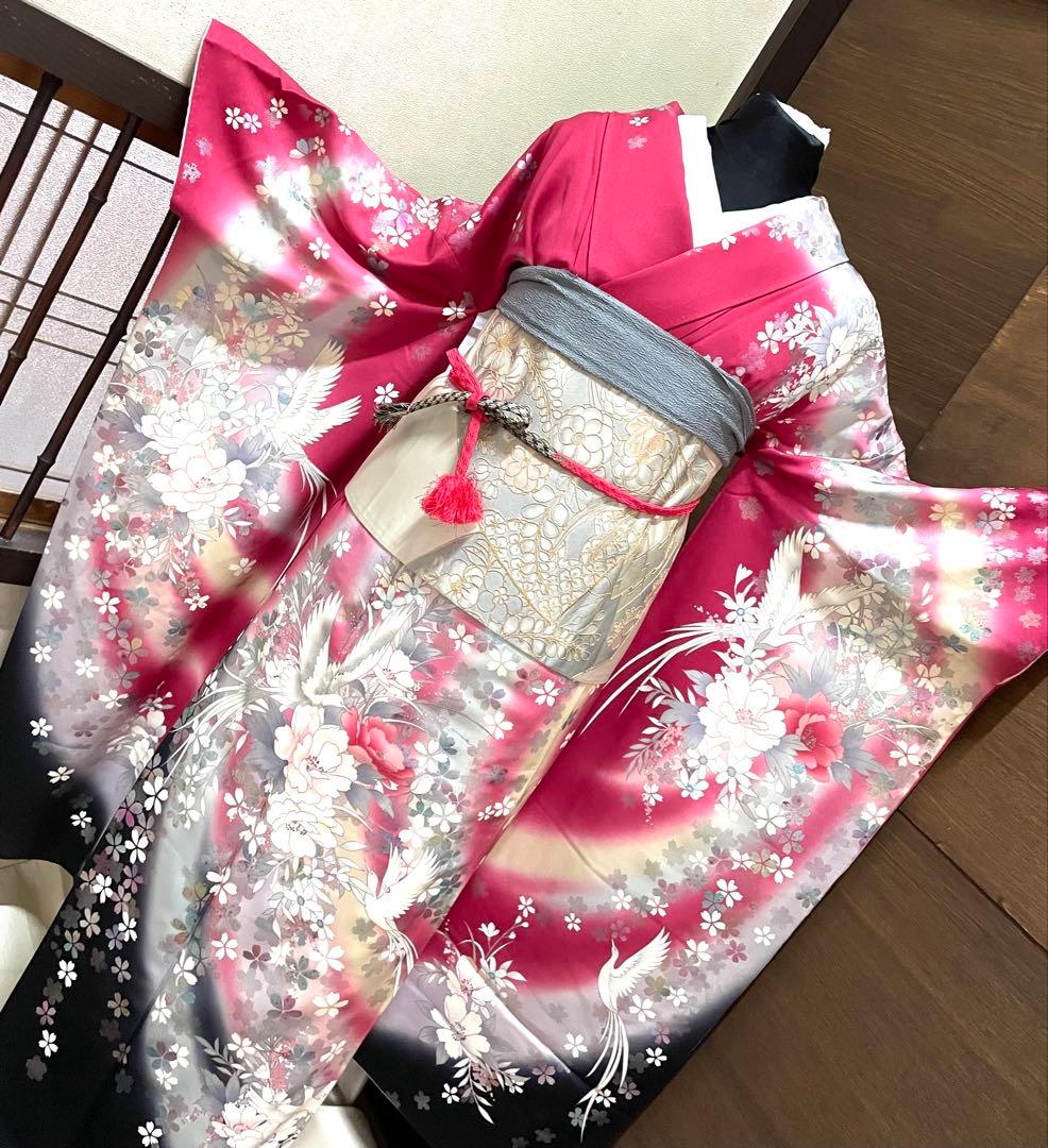 振袖 フルセット6点サイズM〜Ｌ熨斗吉祥花鳥蝶文　正絹売り切り終了