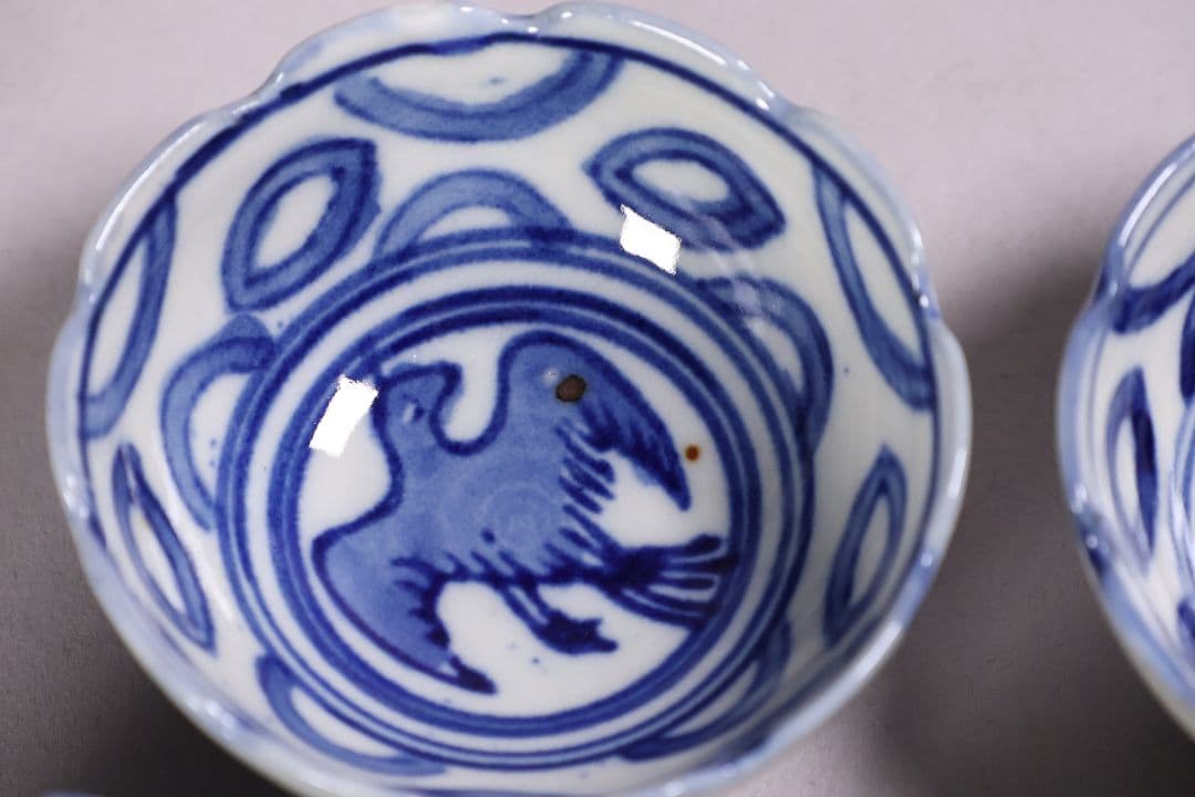 中国 若深珍蔵 染付 煎茶椀 五客 山水 鳥図 茶器 陶磁器【MA580】