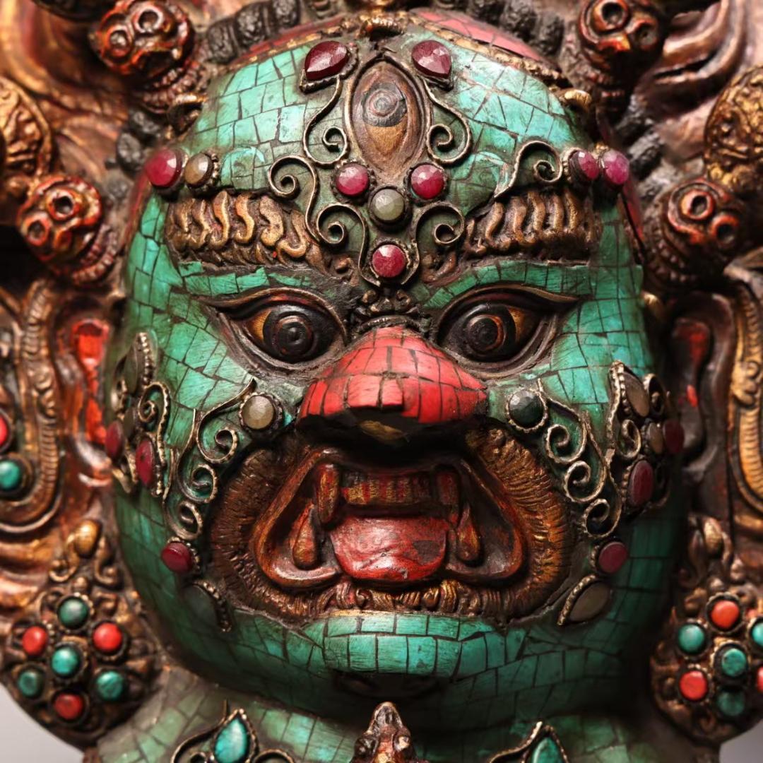 中国古美術『西蔵寺院旧蔵 マハーカーラ面具』純銅製 鍍金彩絵 高浮彫鏨刻 極細工