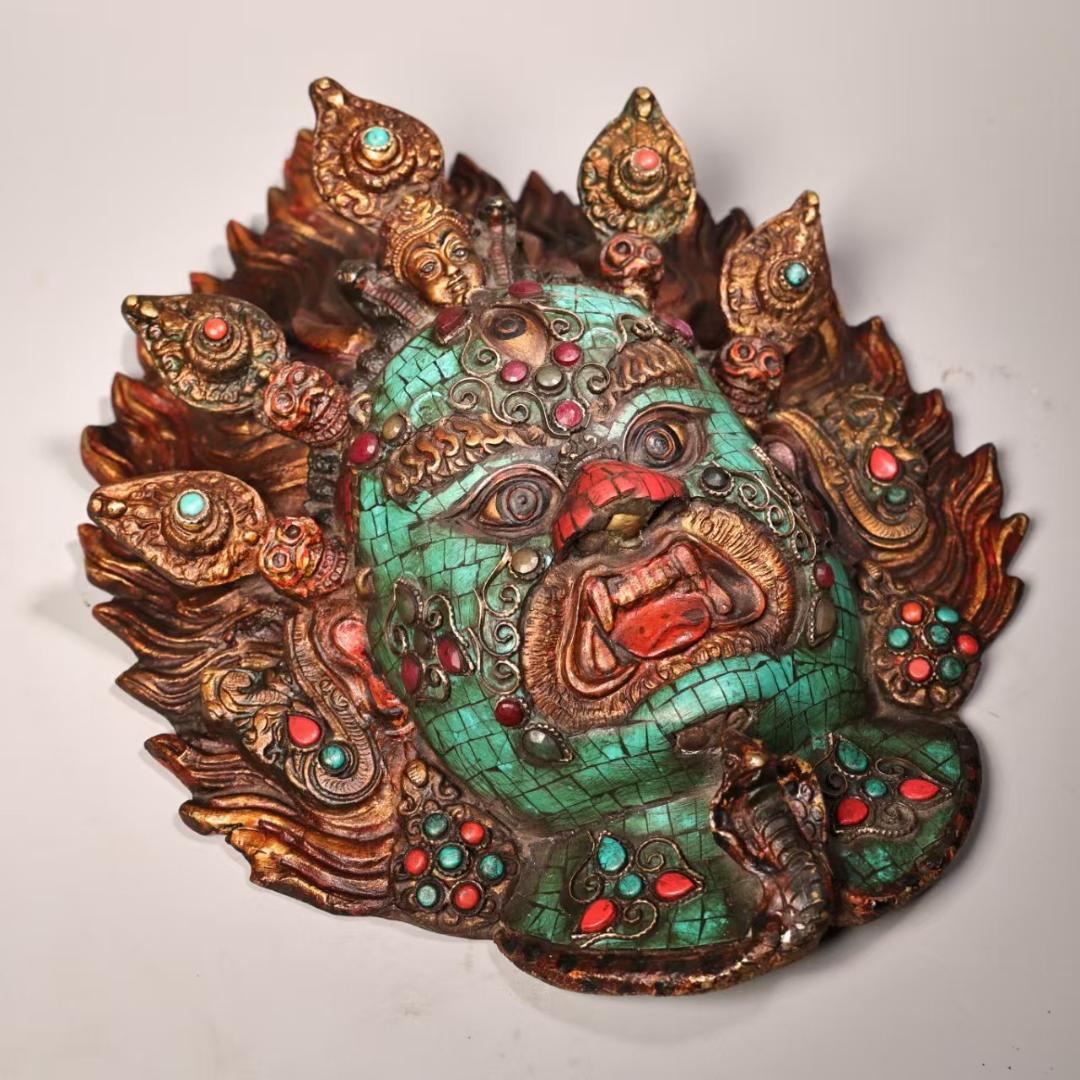 中国古美術『西蔵寺院旧蔵 マハーカーラ面具』純銅製 鍍金彩絵 高浮彫鏨刻 極細工
