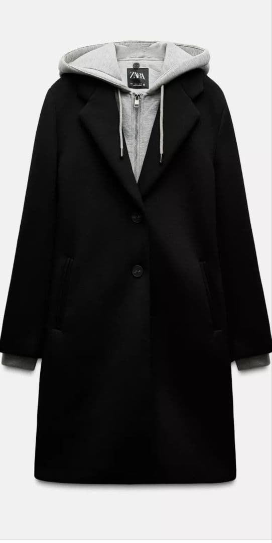 ZARA 黒 コンビネーションフード付きコート