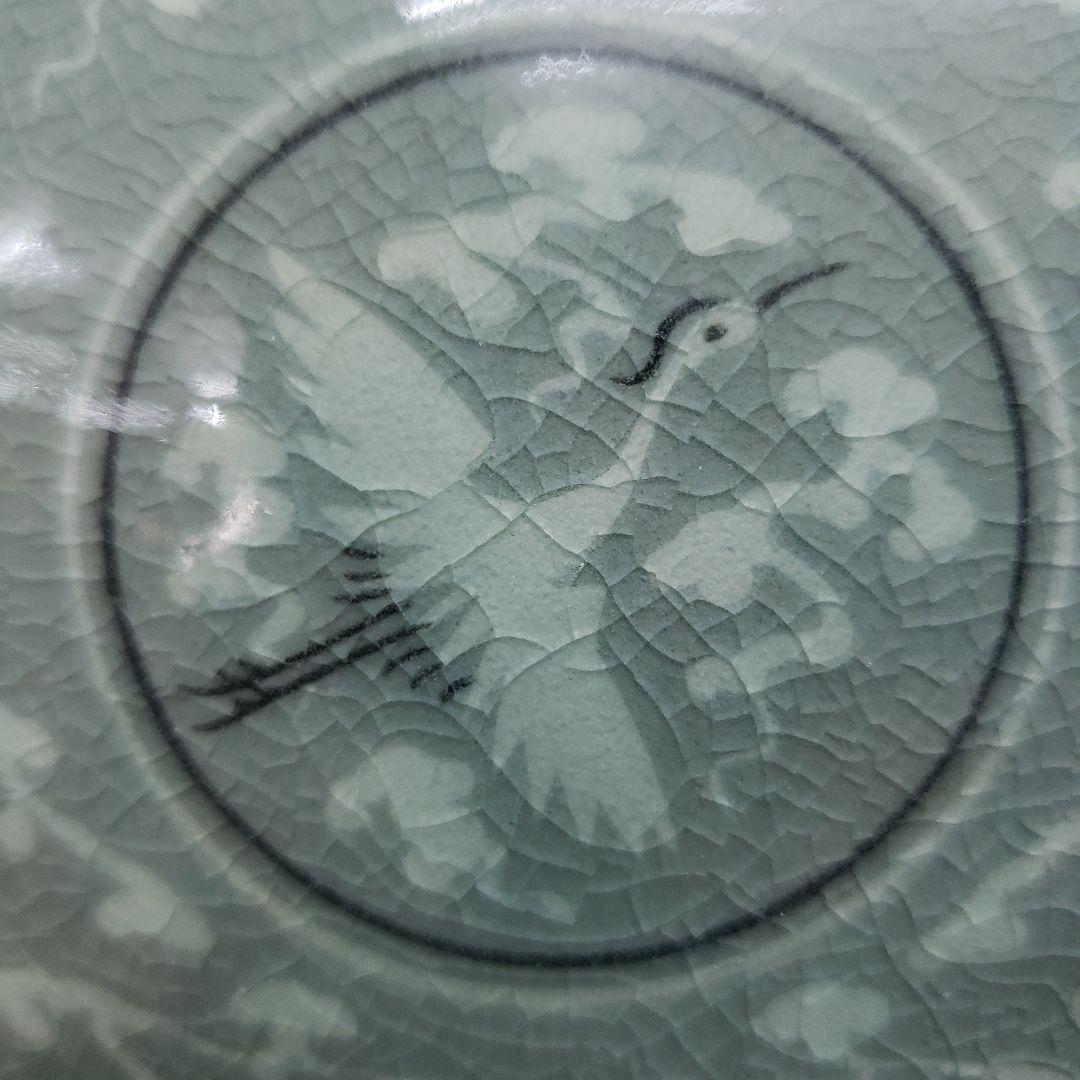 Ｂフライデー蔵出し特価　青磁 鶴模様 陶器 花瓶　作家物海剛作桐箱あり48cm