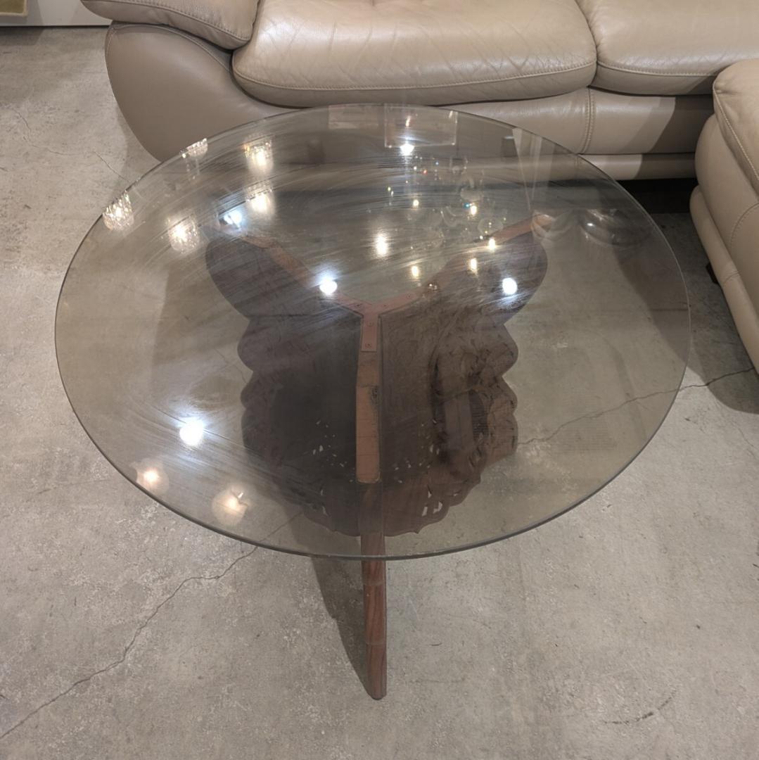 専用ページ 木彫りガラス テーブル 彫刻 天板ガラス 丸テーブル サイドテーブル