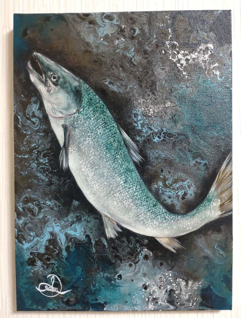 鮭の油絵【鮭の夢】作者サイン入り/真作/F4号キャンバス