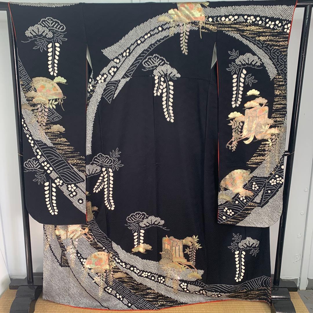 D14 正絹 振袖 絞り 御所車 扇 ブラック系 着物