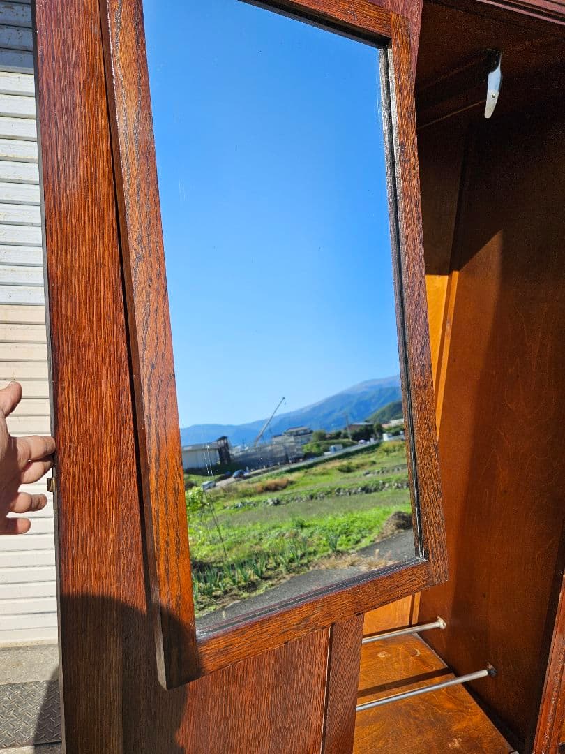 英国アンティーク 古いワードローブ 洋服箪笥 木製 無垢 ミラー 引出し付き