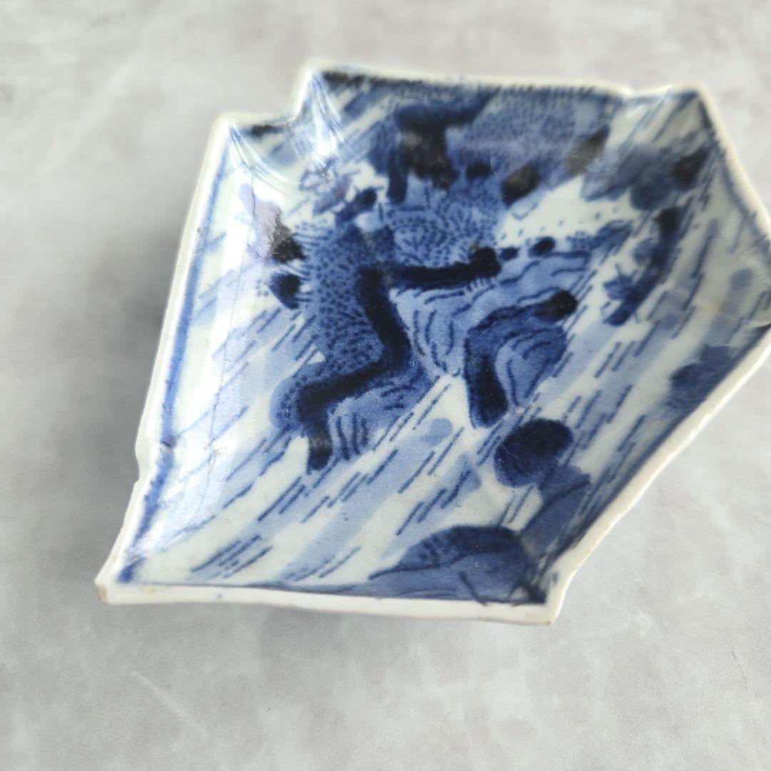 古伊万里　染付小皿　型紙摺印判　山水文　上手型物　骨董品　アンティーク　金継ぎ