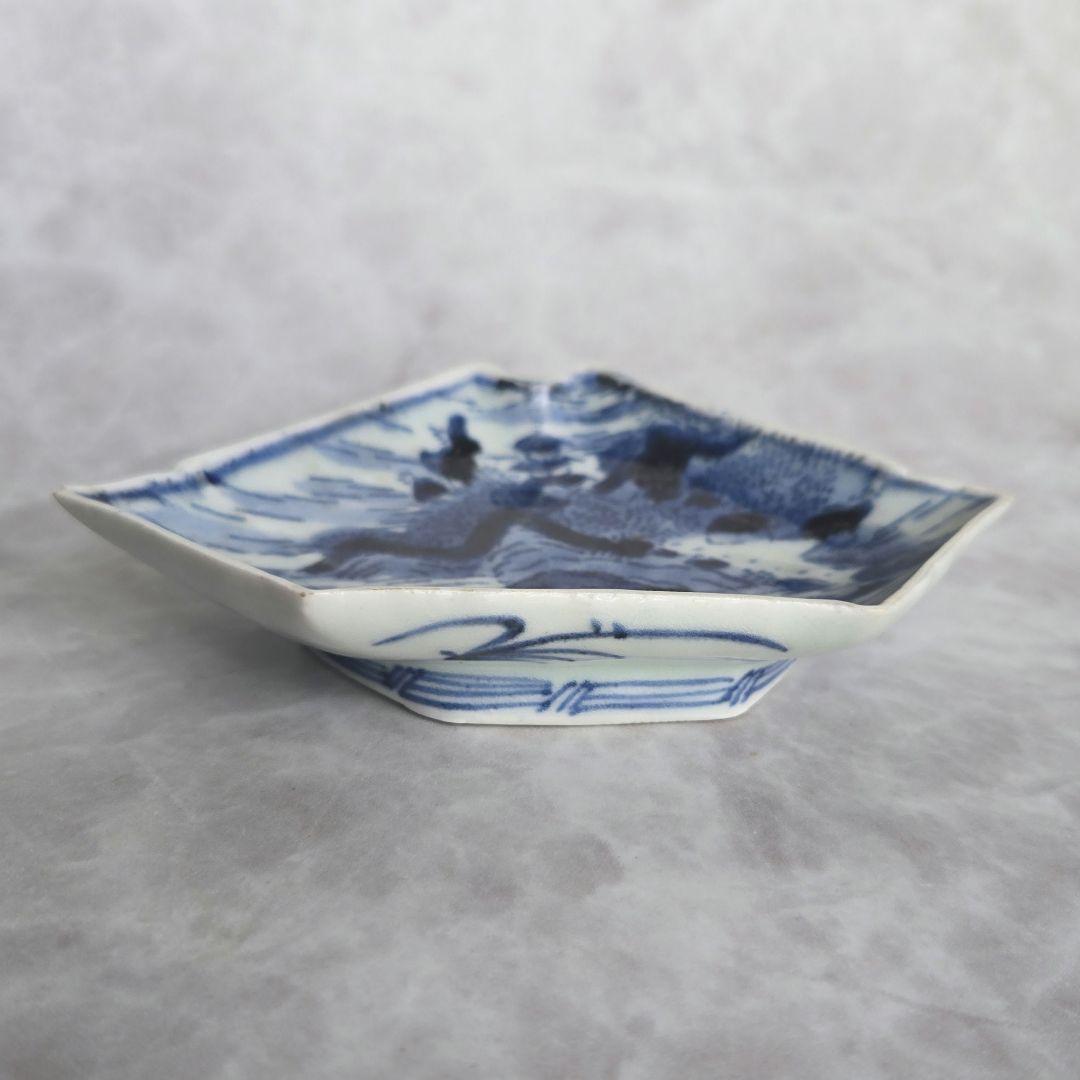 古伊万里　染付小皿　型紙摺印判　山水文　上手型物　骨董品　アンティーク　金継ぎ