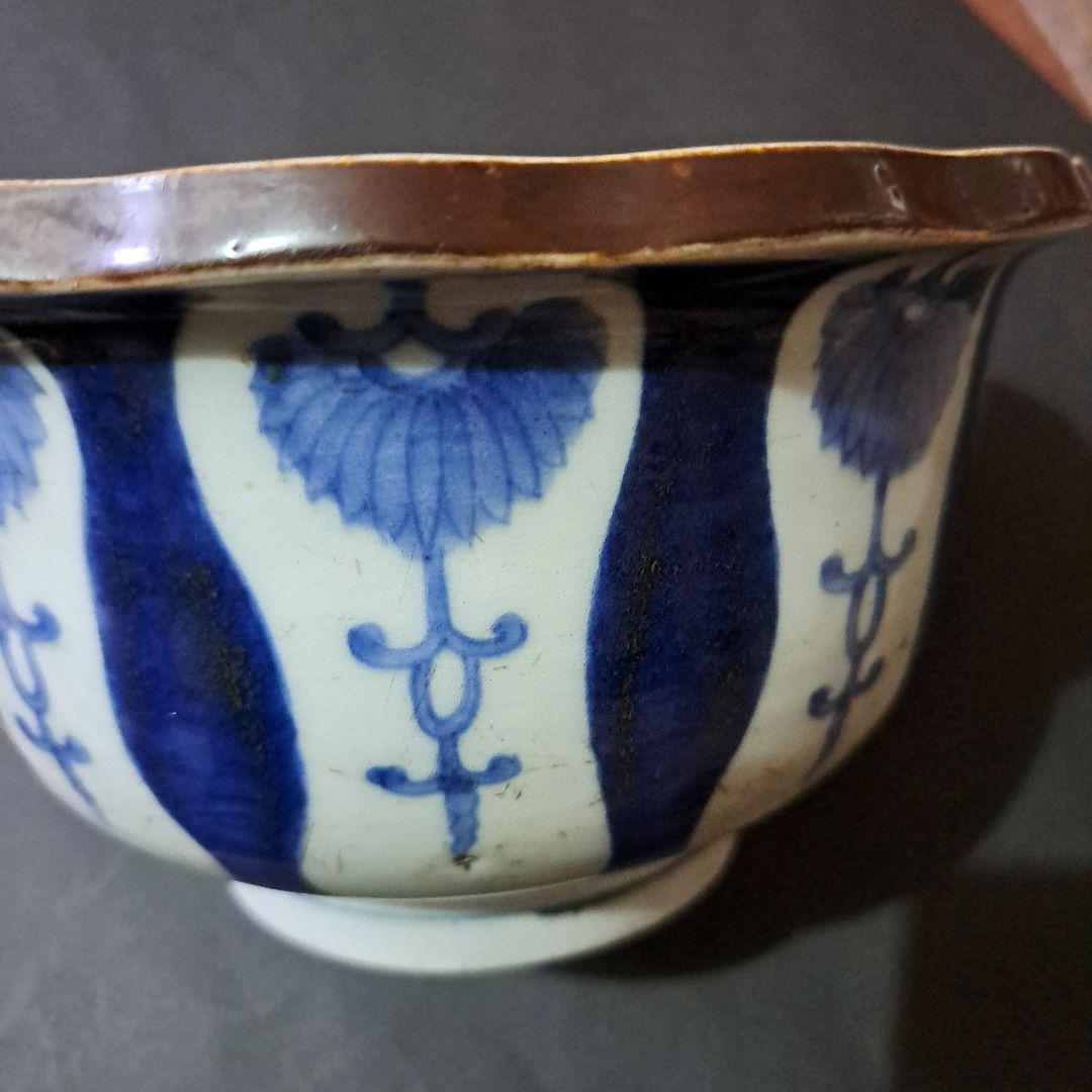 古伊万里　呉須染付青磁　深鉢　輪花赤縁　口太　高台　立割菊花図　江戸後期