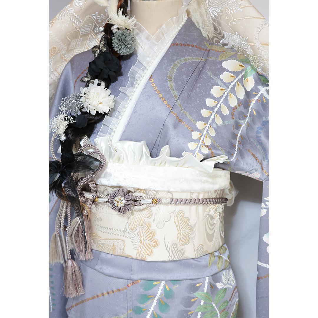 人気グレーベース■振袖7点セット■帯小物付フルセット帯締め重ね衿灰色正絹TA01