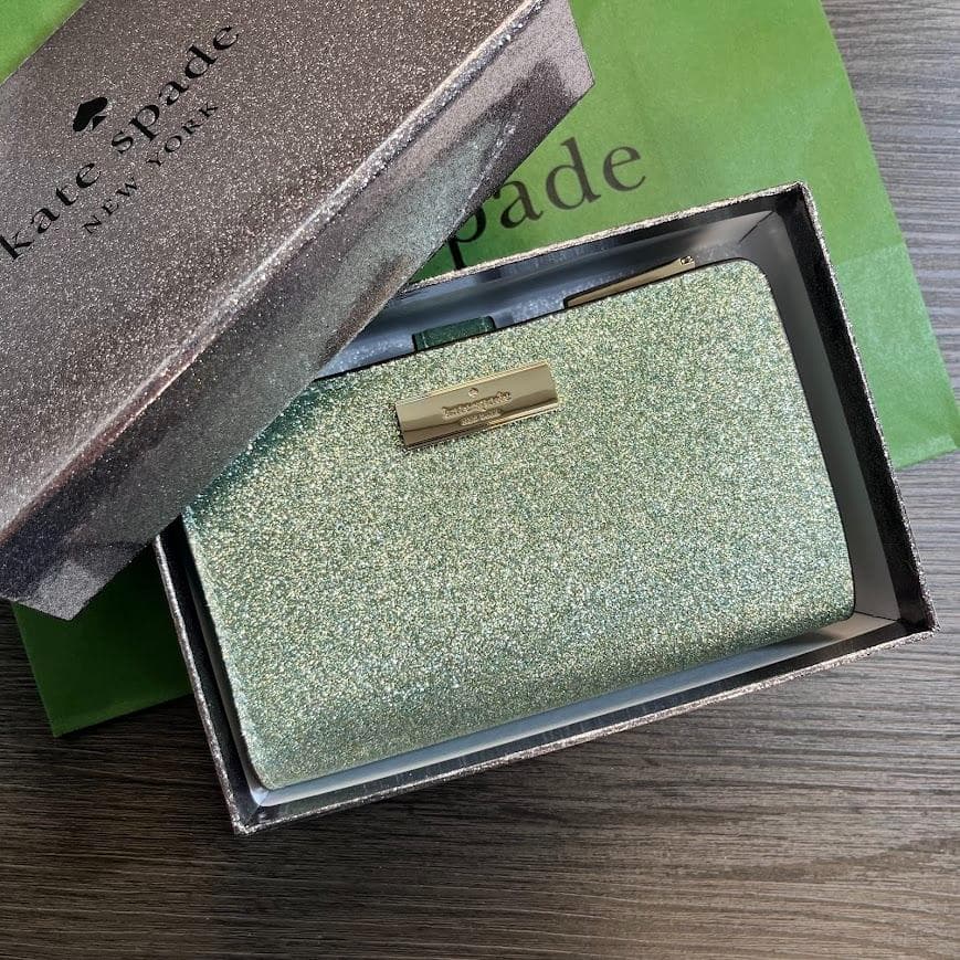 ケイトスペード ニューヨーク グリッター 二つ折り財布 キラキラ グリーン 箱付
