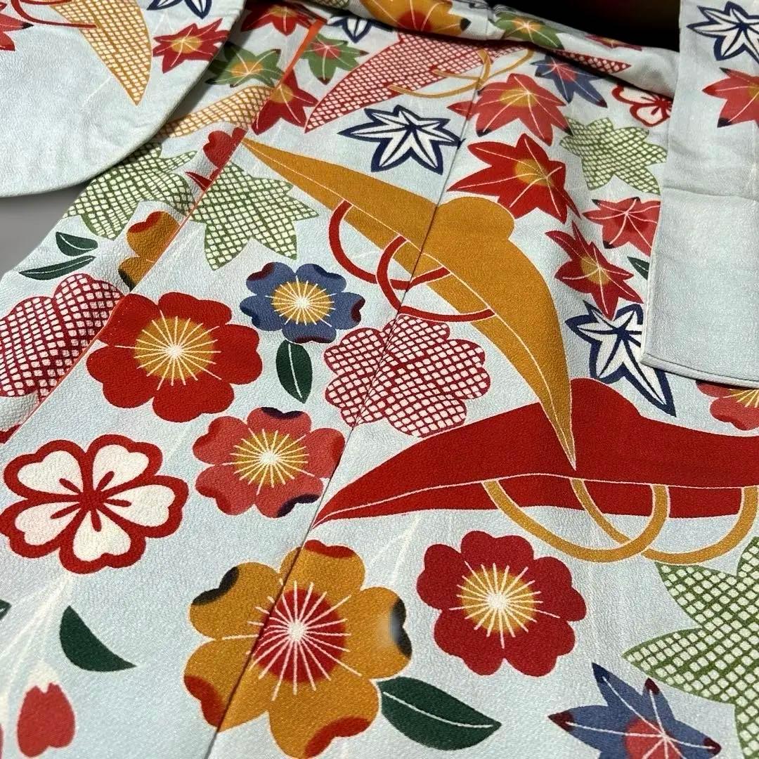 振袖と長襦袢のセット　栗山吉三郎　落款あり　京紅型　桜楓市女笠 　水色　小柄な方