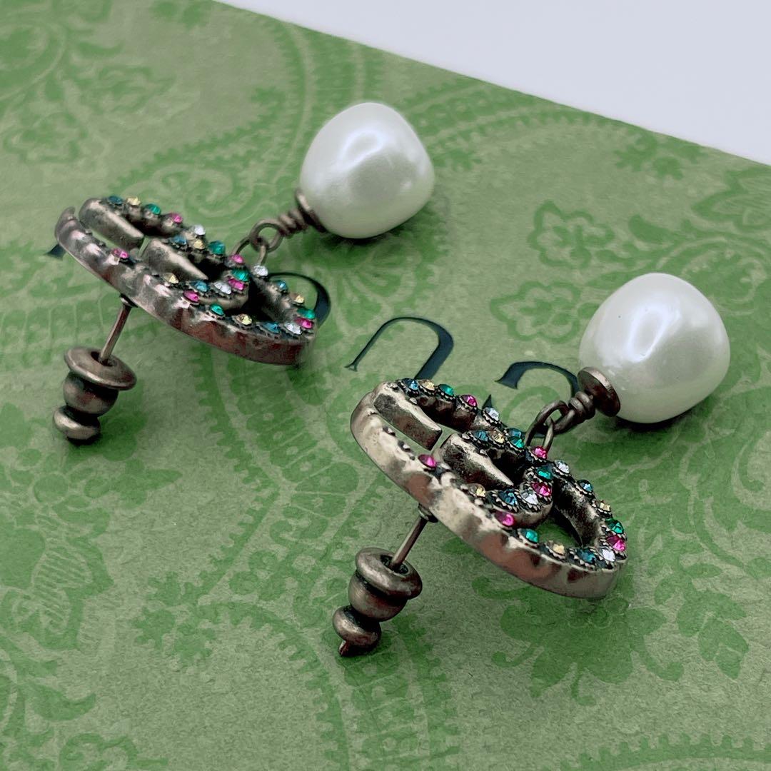 GUCCI ピアス　GG マルチストーン　インターロッキング　パール　ゴールド