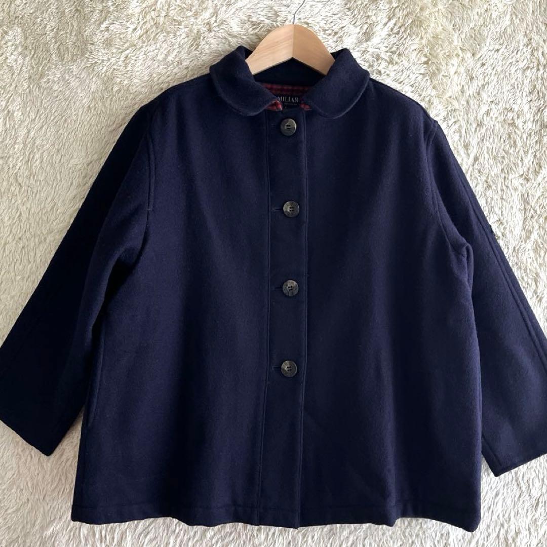 ファミリア　ウールコート　　フード付き　ネイビー