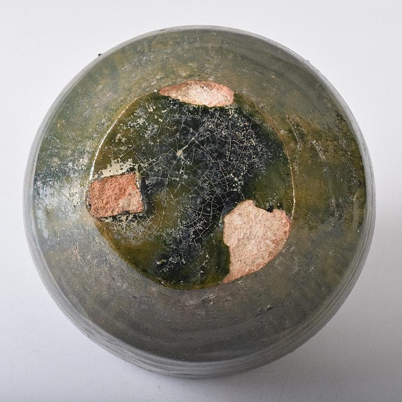 中国　漢時代　紅陶　緑釉壷　銀化壷　時代箱付　V　R8299B