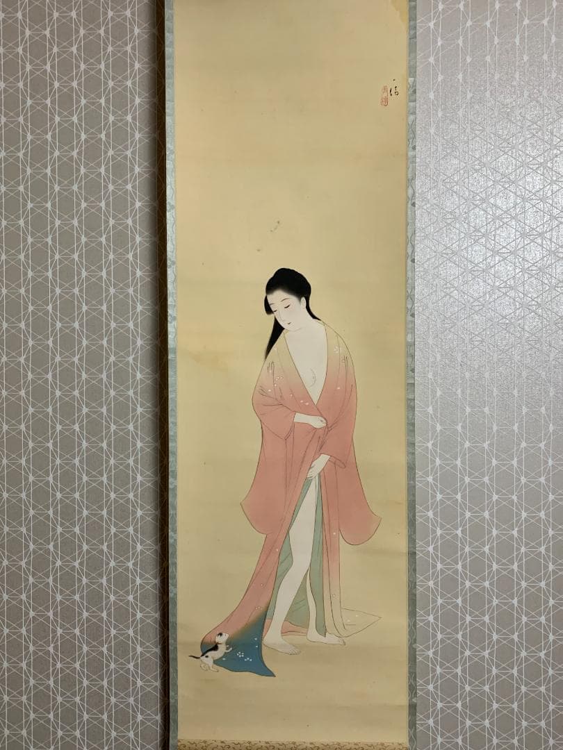 一清 浮世絵美人と仔猫図 絹本 肉筆 掛軸 美人画 839