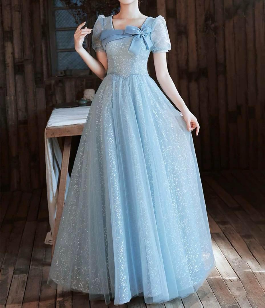 カラードレス、パーティードレス、リボン、シースルーの半袖、イブニングドレス