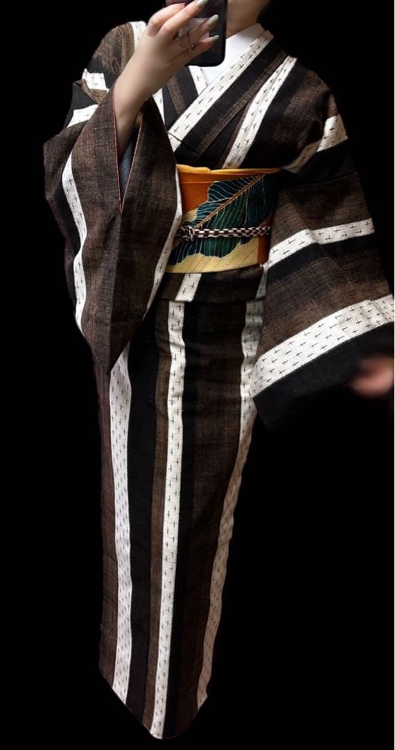 ゲリラSALE！逸品 新品仕付け糸つき正絹紬 縦縞 十字絣 縮緬地名古屋帯セット