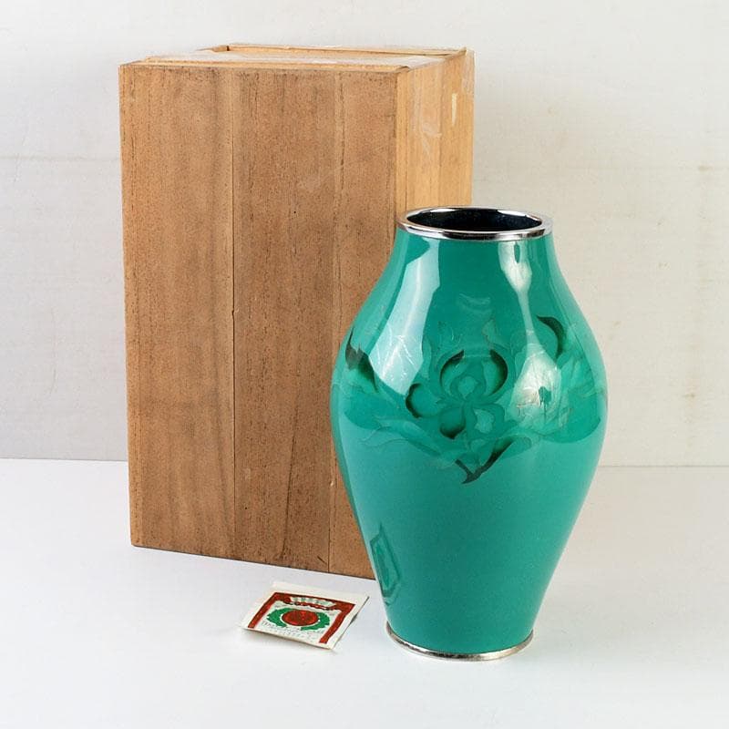 七宝焼　透翡翠釉　花文　花瓶　時代箱　V　9632D