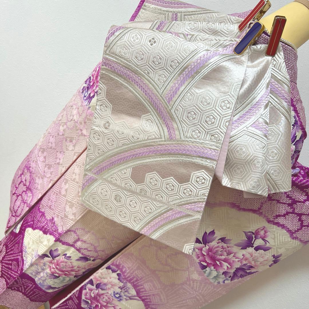 338 振袖フルセット 正絹 薄紫 パープル 絞り 銀彩 暈し染め やまと扱い