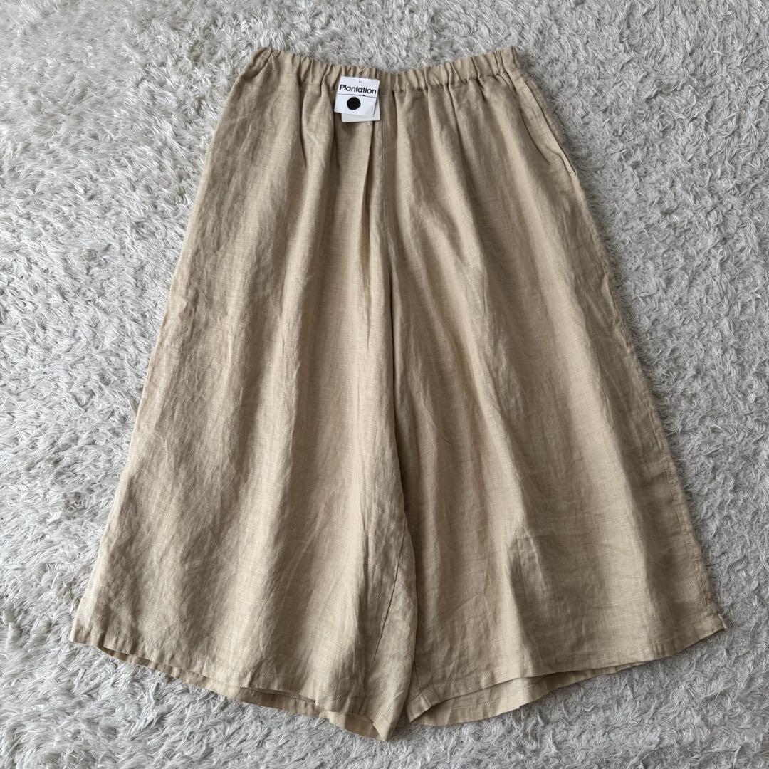 未使用 プランテーション リネン ガウチョパンツ ワイドパンツ ウエストゴム 麻