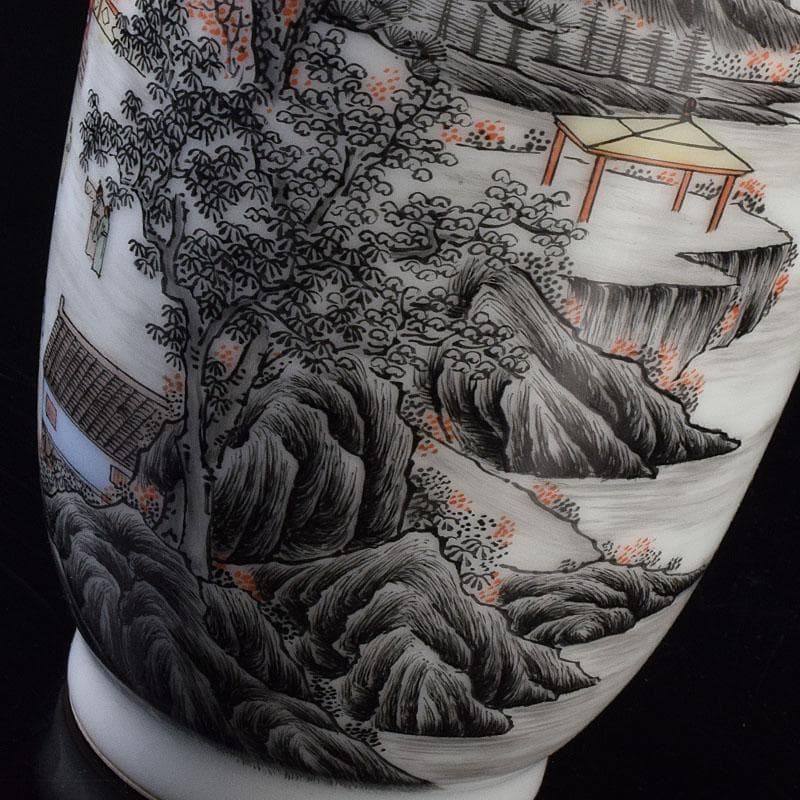 中国　居仁堂製款　山水人物文　盤口瓶　V　R9257