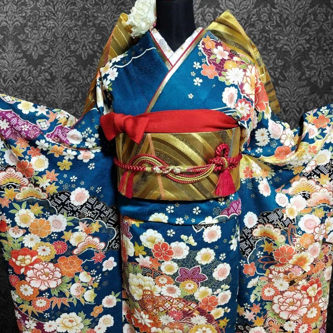 振袖フルセット(7点)・成人式・吉祥松竹梅・京都きもの友禅・刺繍・鹿の子柄