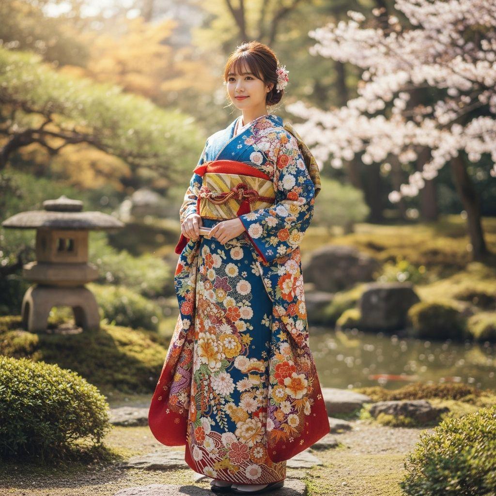 振袖フルセット(7点)・成人式・吉祥松竹梅・京都きもの友禅・刺繍・鹿の子柄