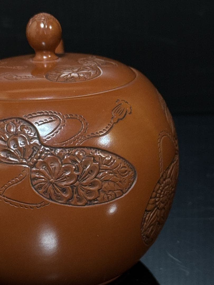 極上 常滑焼 名人 山田宝生 作 細密彫刻瓢図 急須 茶道具