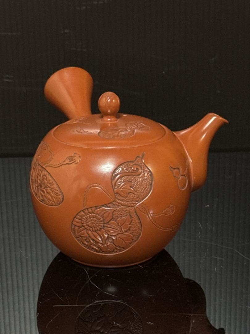 極上 常滑焼 名人 山田宝生 作 細密彫刻瓢図 急須 茶道具