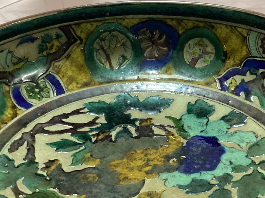 古九谷青手唐絵見付鉢　江戸時代　けんざん　緑角福　獅子　牡丹　尾形乾山　吉田屋窯