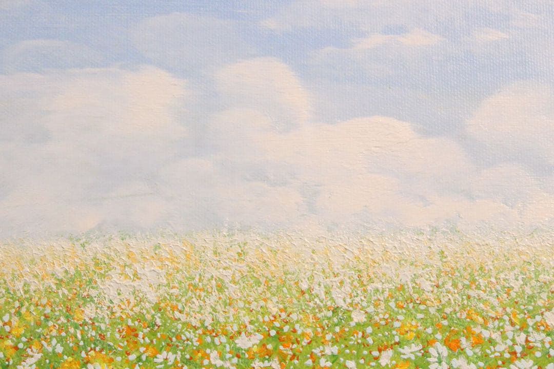 No5055 額装　金謙伊　コスモス　油彩　大作　直筆サイン　風景画　送料無料