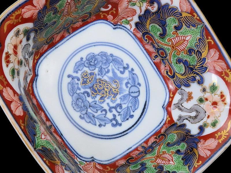 大聖寺伊万里　金襴手　窓絵　牡丹に菊　獅子の図　四方角向付　B347AS-CWq