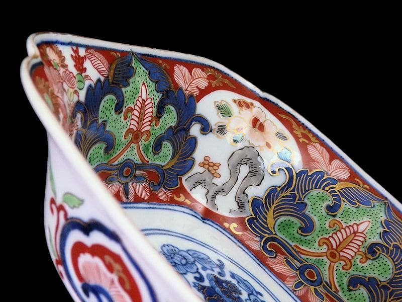 大聖寺伊万里　金襴手　窓絵　牡丹に菊　獅子の図　四方角向付　B347AS-CWq