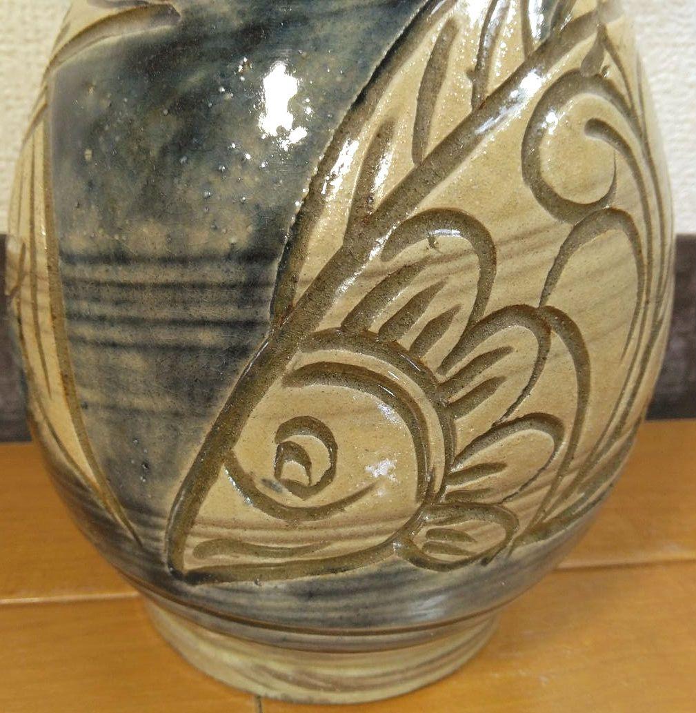 人間国宝 金城次郎 壷屋焼 小花瓶 栞 共箱(本人書付真筆) 壺屋焼 青首花瓶