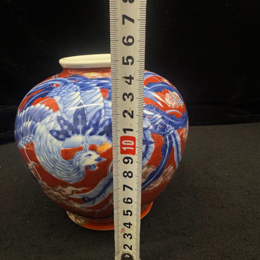 鳳凰外赤 赤釉に染付鳳凰紋花瓶 在銘 有田焼