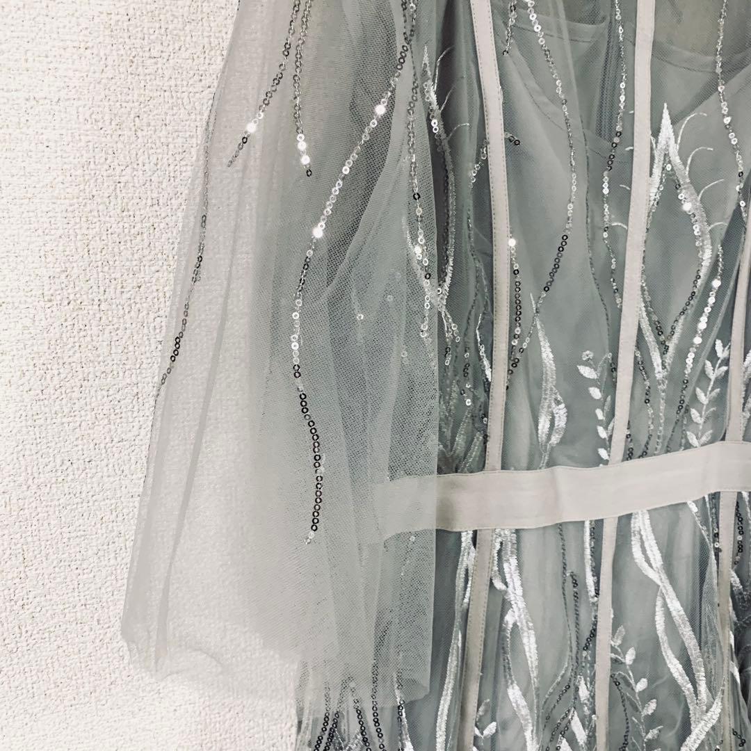 LEJA スパンコール刺繍レースプチハイネックフリルロングドレスワンピース