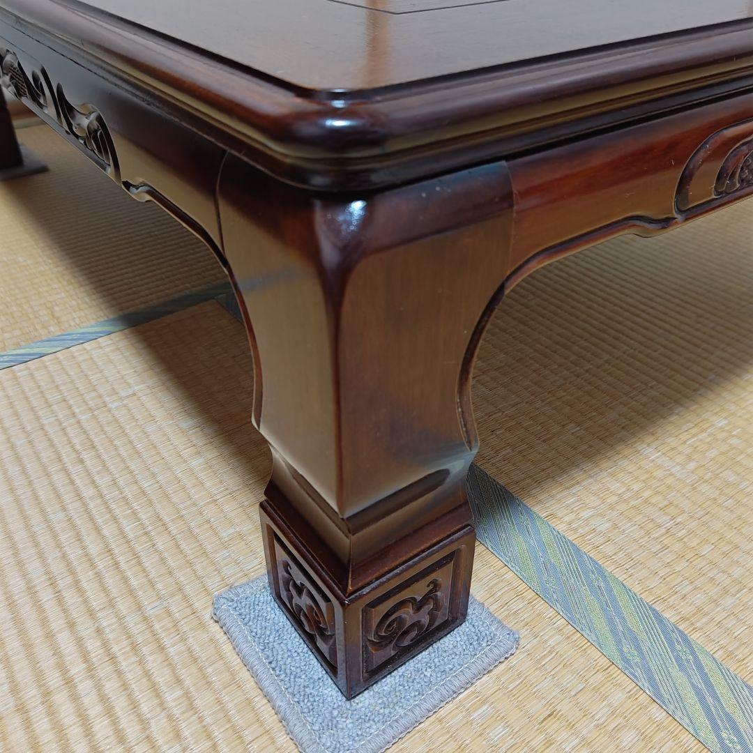 木製座卓(電気こたつ機能有り )ダークブラウン 彫刻装飾(0360)