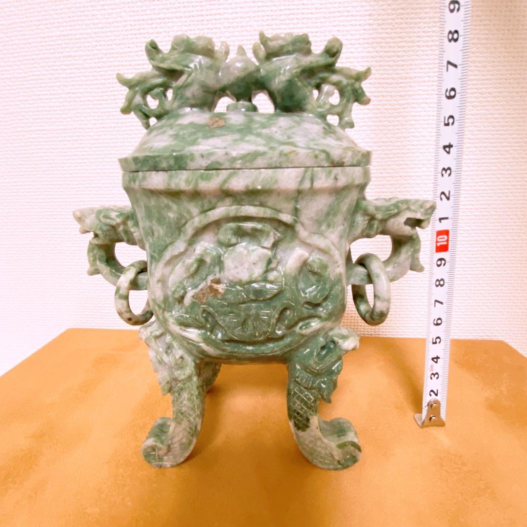 翡翠　置物 龍 彫刻 蓋付き 香炉 玉石 天然石 ヒスイ 砡 【985g】