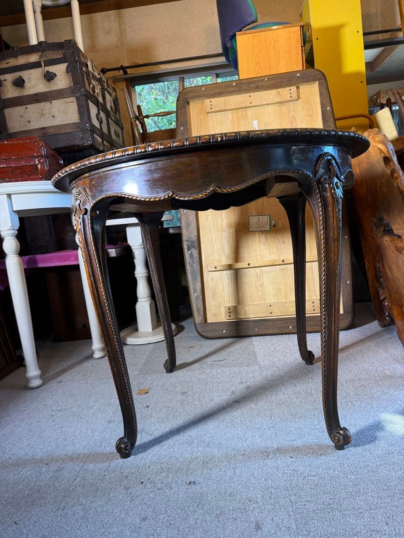 アンティーク 彫刻サロンテーブル 補強安定仕様 ロココ猫脚 直径90cm レトロ